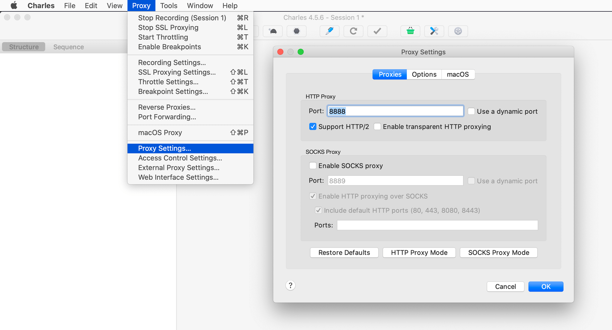 Charles → Proxy → Proxy Settings