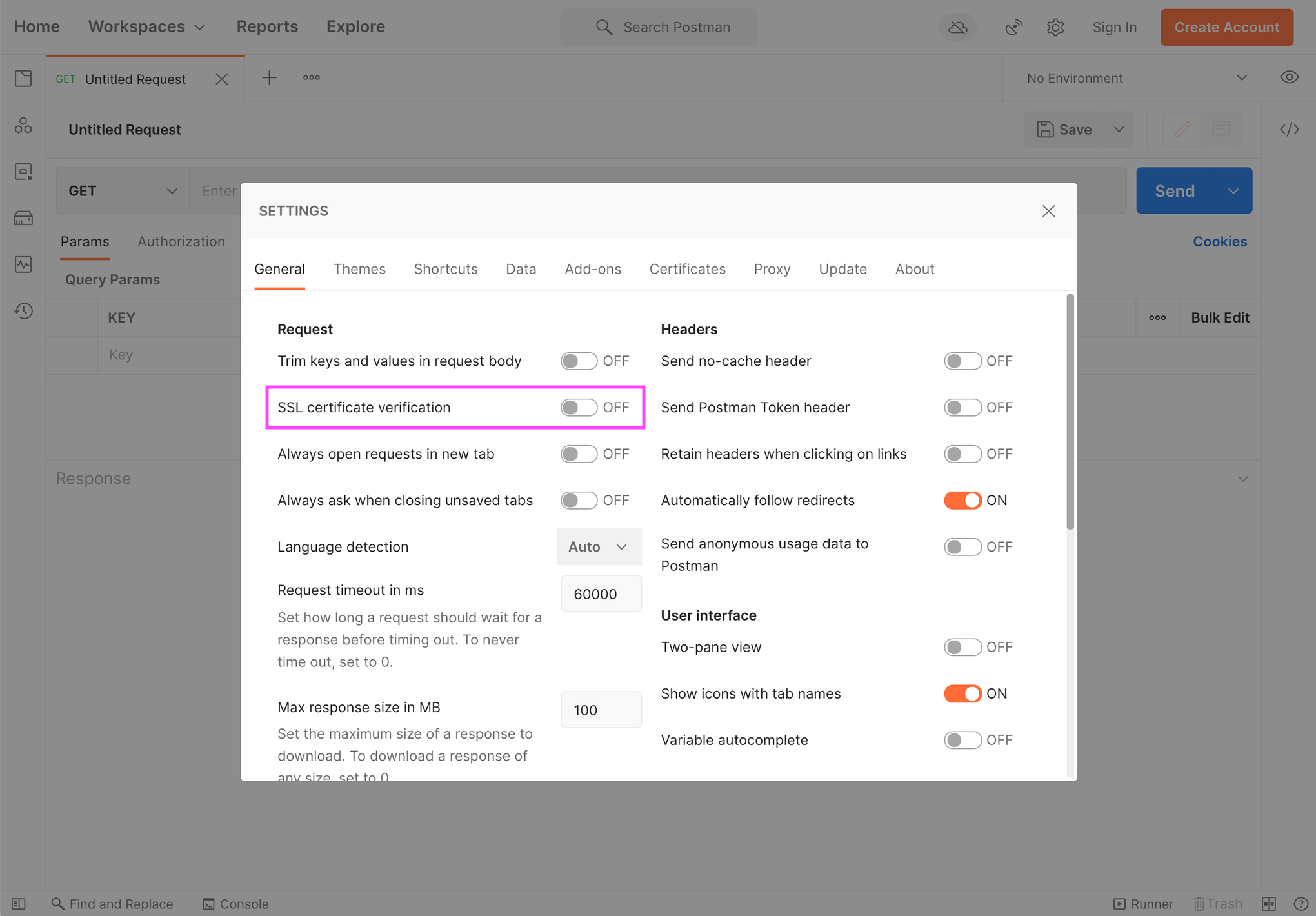 Postman → SETTINGS → General tab