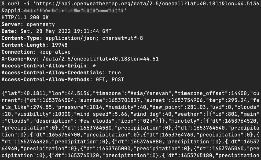 Response headers are included in the cURL output