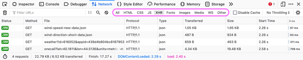 Firefox Network monitor toolbar filters by type