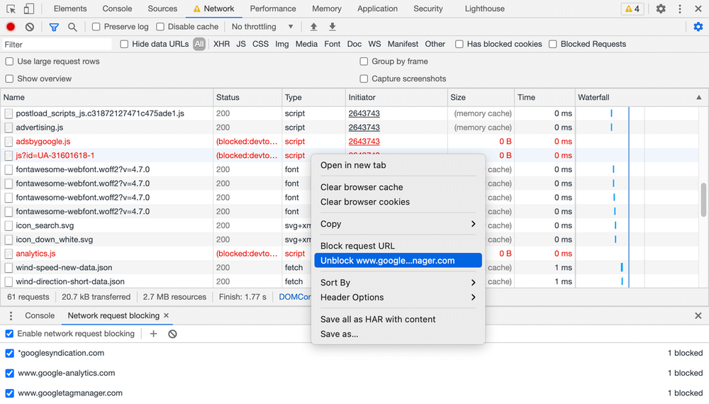 Network request blocking in Chrome