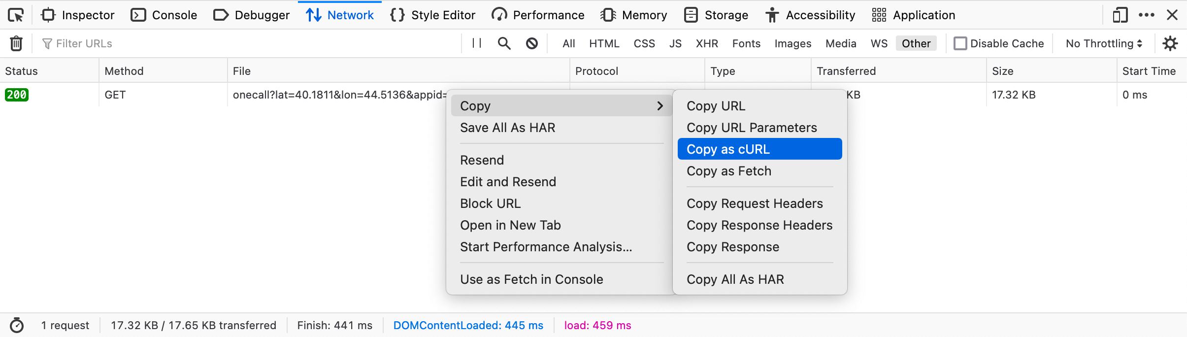 «Copy as cURL» from Firefox DevTools