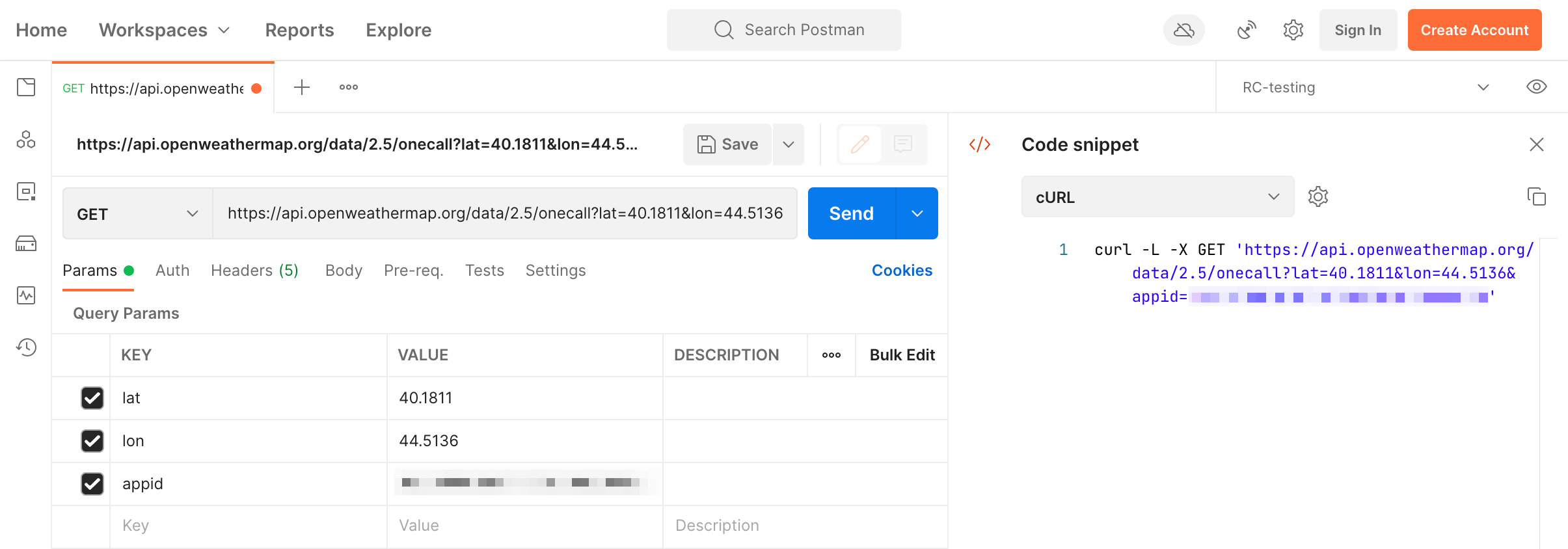 cURL code snippet in Postman