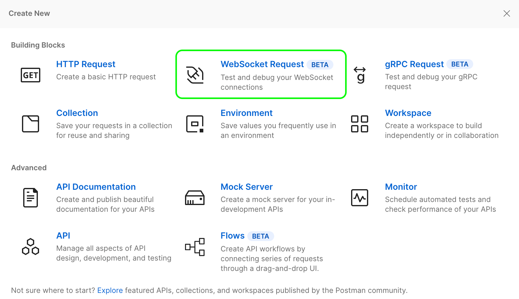 New «WebSocket Request» in Postman