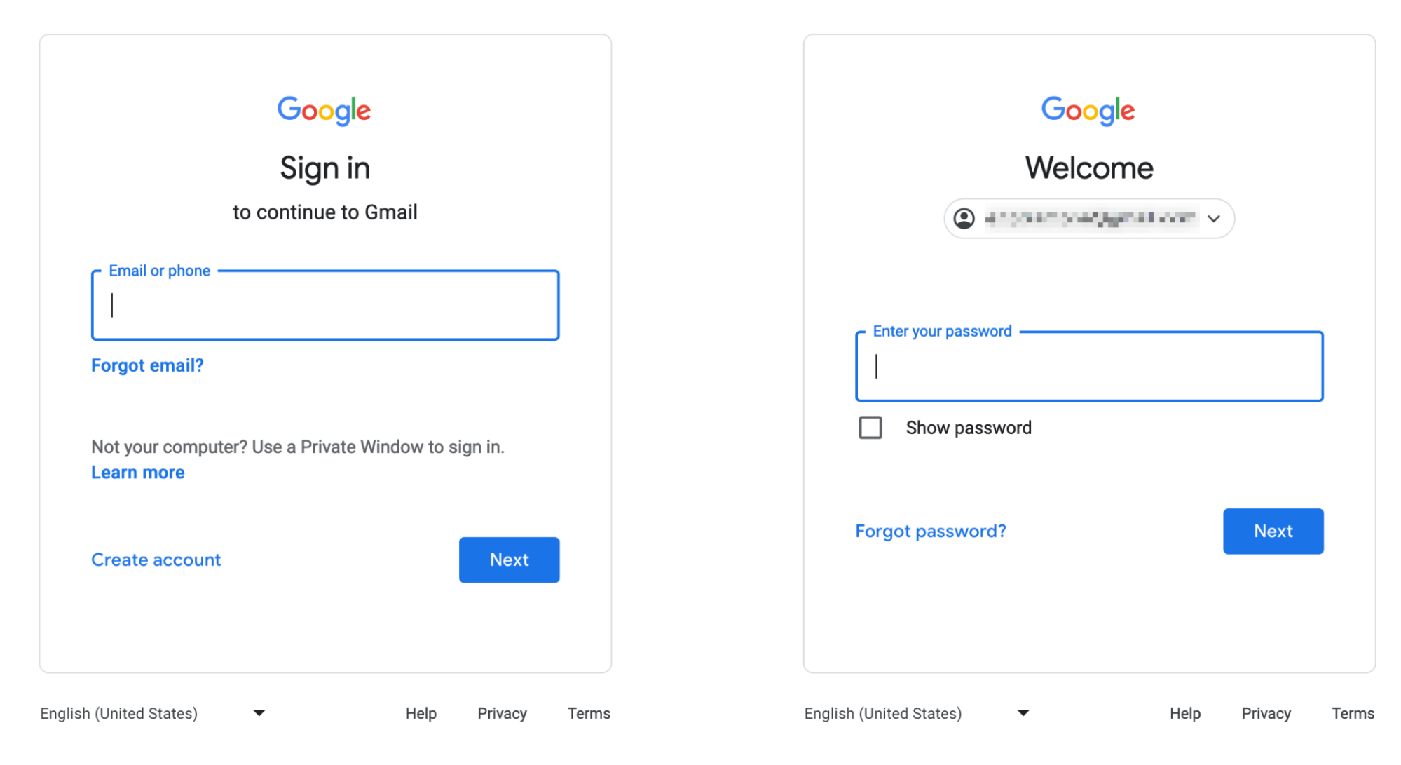 Google Sign in form for email (login) and for password