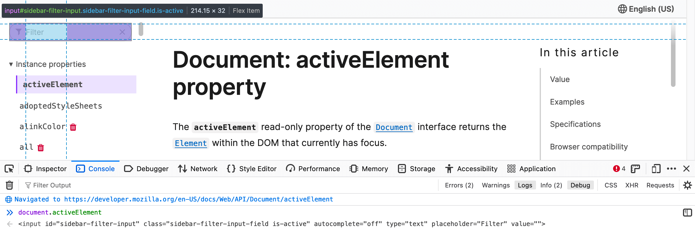 document.activeElement in Firefox console