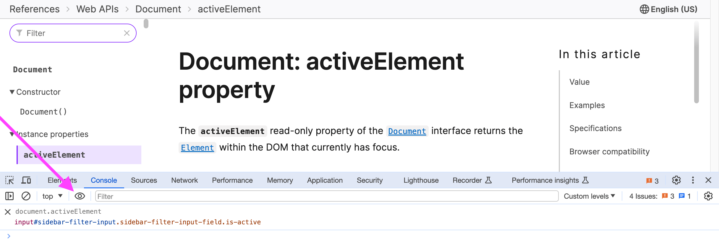 document.activeElement in Chrome DevTools Live Expression