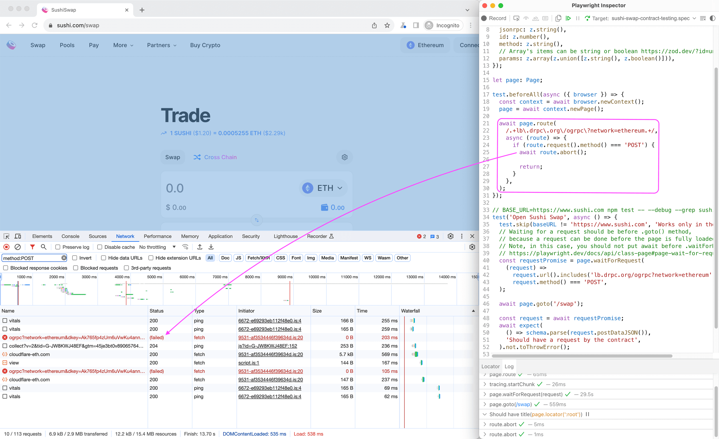 How route.abort() works in Playwright Inspector