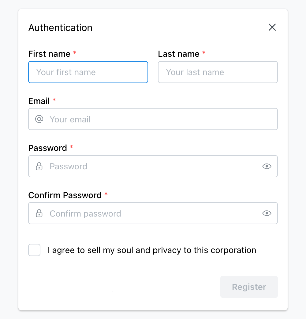 Example of a form in Mantine components library. Required fields are marked, and the [Register] button is disabled, while required fields are empty