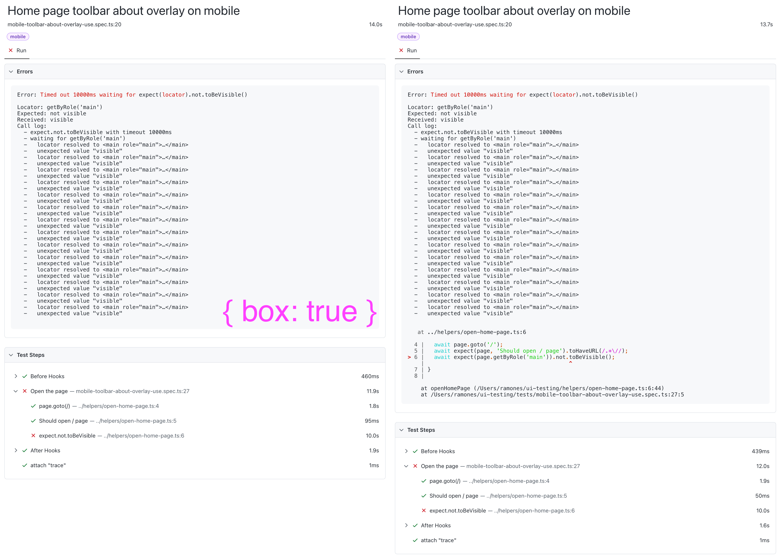 HTML report: on the left — {box: true}, on the right is an ordinary test step