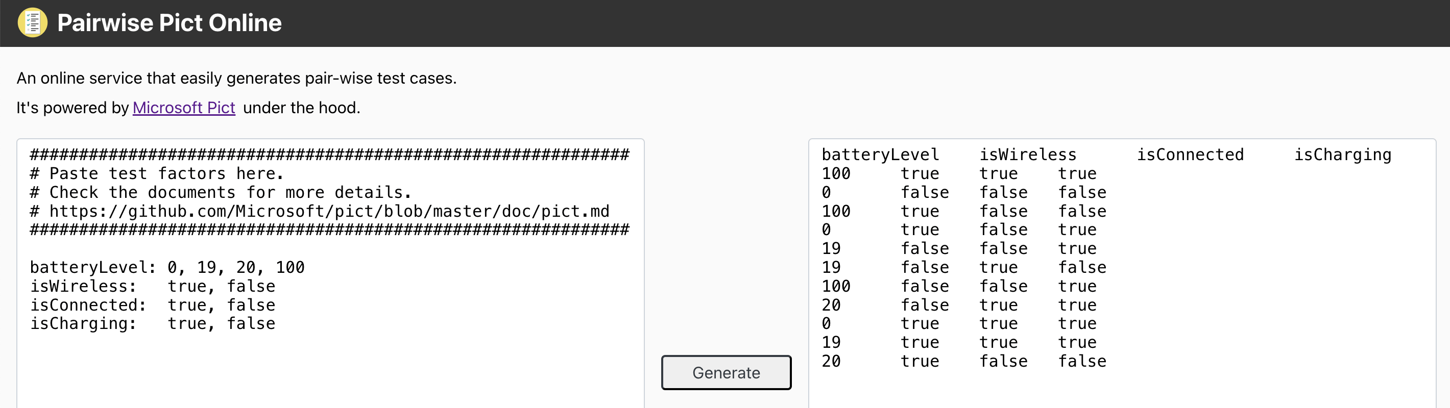 Pairwise test cases