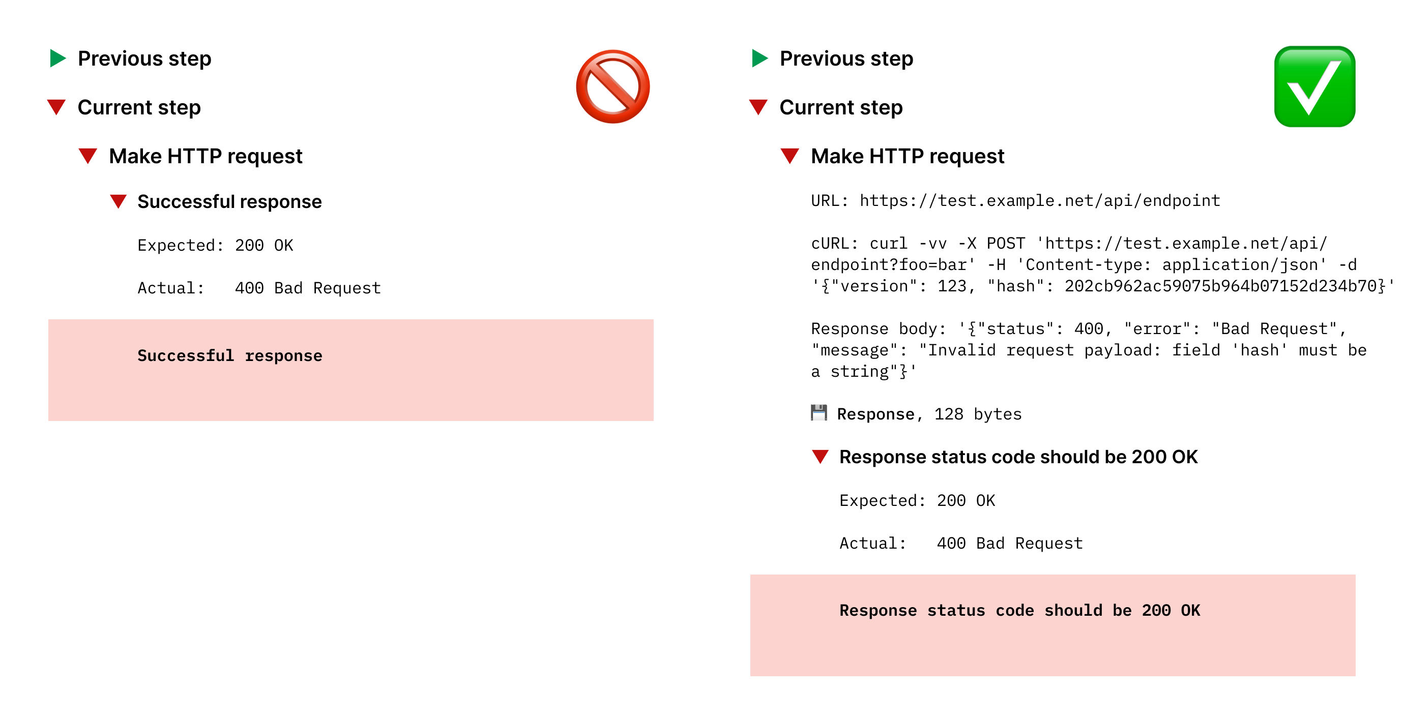 Test report without logging; with logging API response.